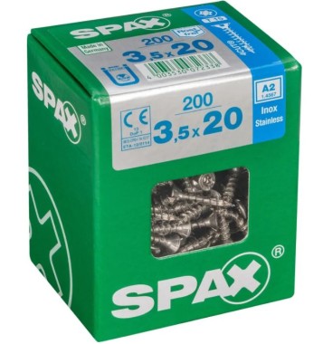 SPAX Edelstahlschraube, 3,5 x 20 mm, 200 Stück, Vollgewinde, Senkkopf, T-STAR plus T15, 4CUT, Edelstahl rostfrei A2, 4197000350207